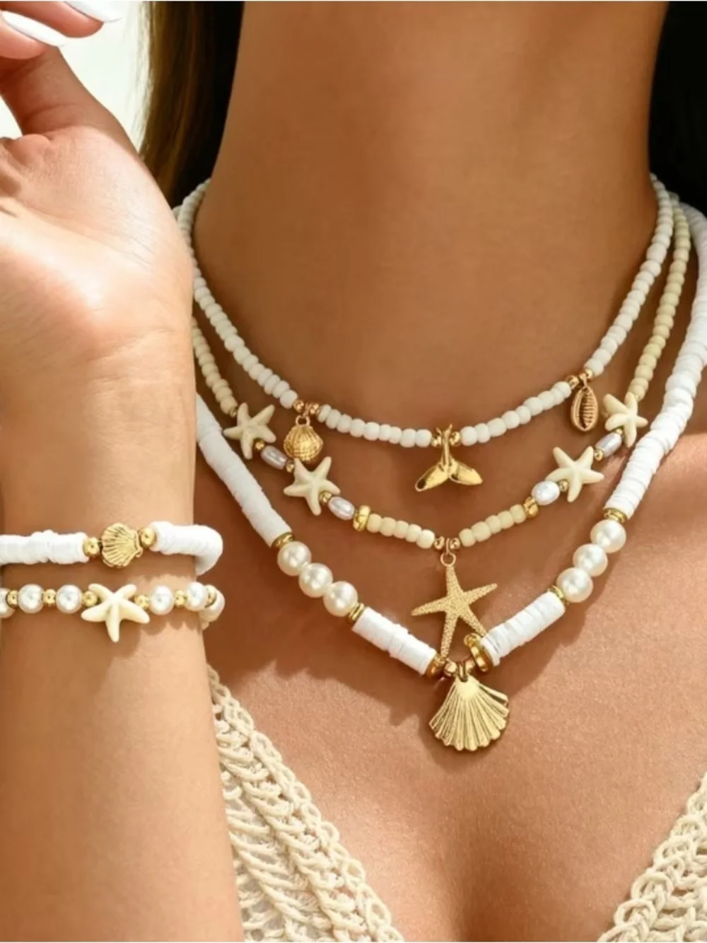 New! White and Gold Layered Coastal Charm Necklace Set and 2 Bracelets